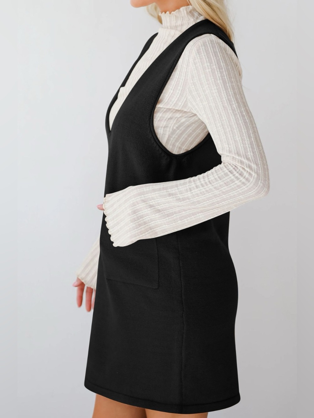 Lovelet Pocketed V-Neck Mini Sweater Overall Dress - Picture 15 of 16